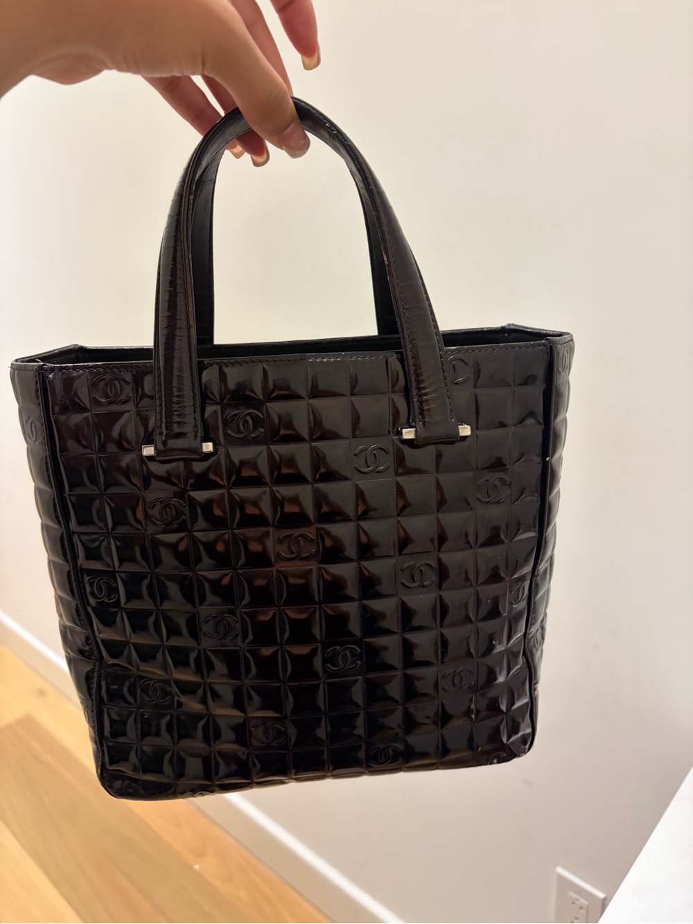 CHANEL Vintage Chocolate Bar Black Quilted Patent Leather Tote with Embossed CC